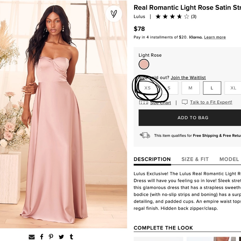 LULUS LIGHT ROSE SATIN GOWN XS
